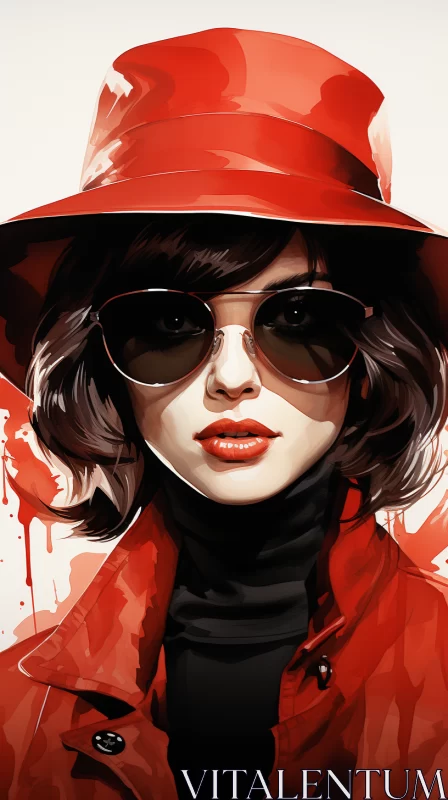 Charming Woman in Red Coat: Pop Culture Illustrated Art AI Image