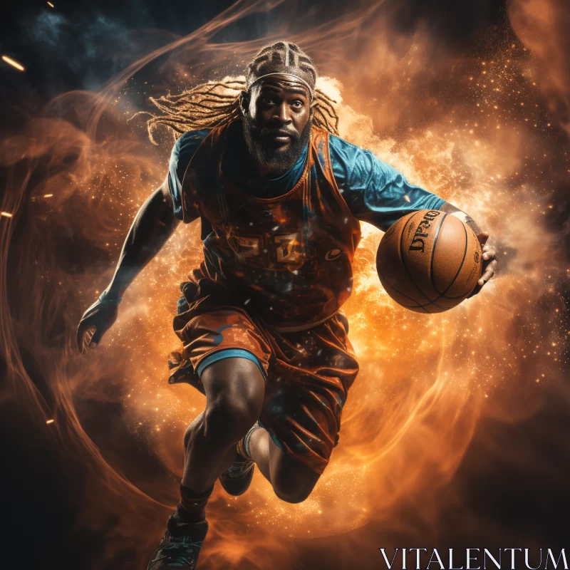 Dynamic Tattooed Basketball Player Portrait with Fiery Backdrop AI Image