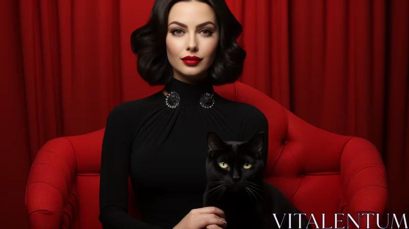 Elegant Woman with Black Cat on Red Chair - Glamorous Hollywood-Style Portrait AI Image