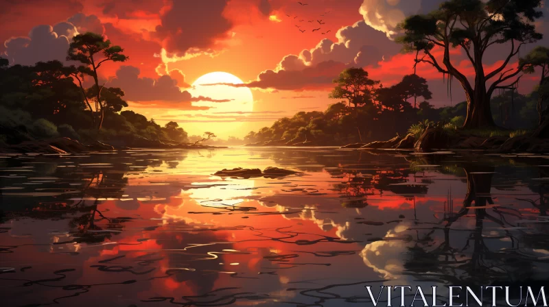 Serene River Under Vibrant Sunset in Anime Art Style AI Image