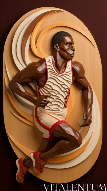 Skillfully Carved Wooden Image of Running Man in Olympic Pose AI Image