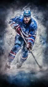 Vibrant Hockey Player Artwork with Snowy Landscape & Americana Ambiance AI Image