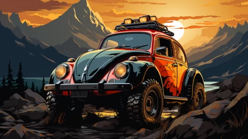 Vintage Volkswagen Beetle in Pop Art Mountain Landscape - AI Art images AI Image