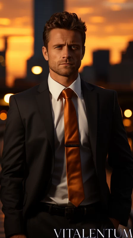 Elegant Man in Black Suit in Golden Cityscape AI Image