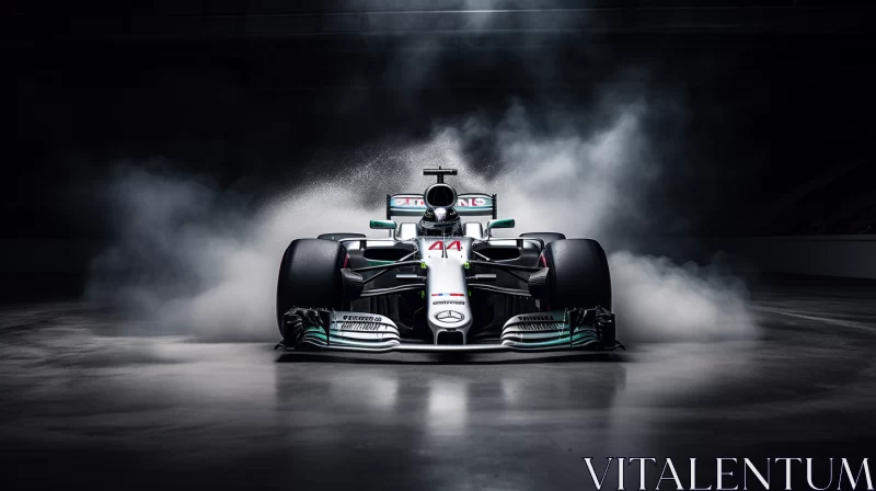 Emerald White Mercedes F1 Car on Track in Mystique Smog  - AI Generated Images AI Image