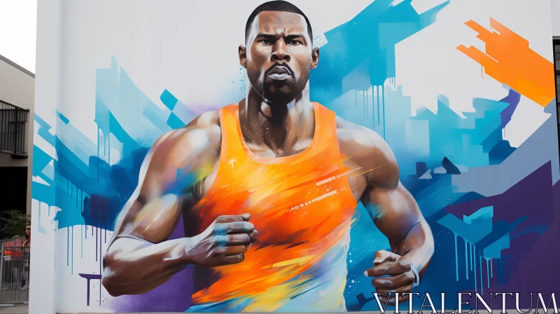 Intense Soccer Player Mural in Silver and Orange Tones with Hip-Hop Influence AI Image