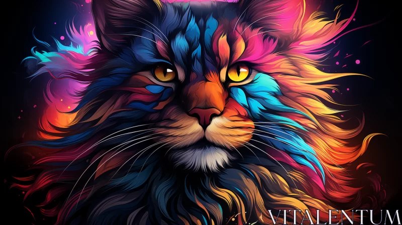 Manticore-Cat Hybrid Art in Crimson & Blue Hues AI Image