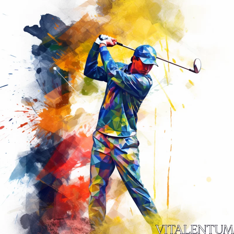 Vibrant Golfer Artwork with Hurufiyya-Inspired Paint & Watercolor AI Image