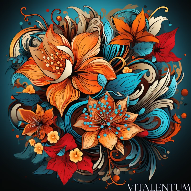 Artistic Illustration of Swirling Flowers in Orange and Azure AI Image