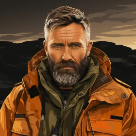 Bearded Man in Orange Jacket: Realistic Hyper-Detailed Portrait in Norwegian Wilderness