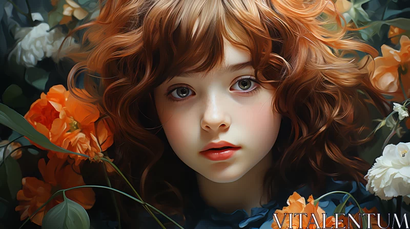 Child in Flowers - Photorealistic Art Rendered in Dark Orange AI Image