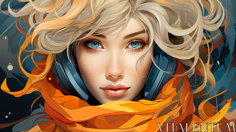 Colorful Illustration of Woman in Headphones and Scarf AI Image