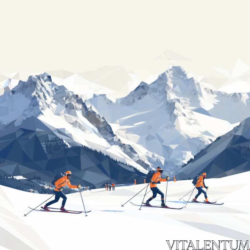 AI ART Cubist-Style Skiing Scene in Amber & Navy Hues with Subtle Cabincore Aesthetics