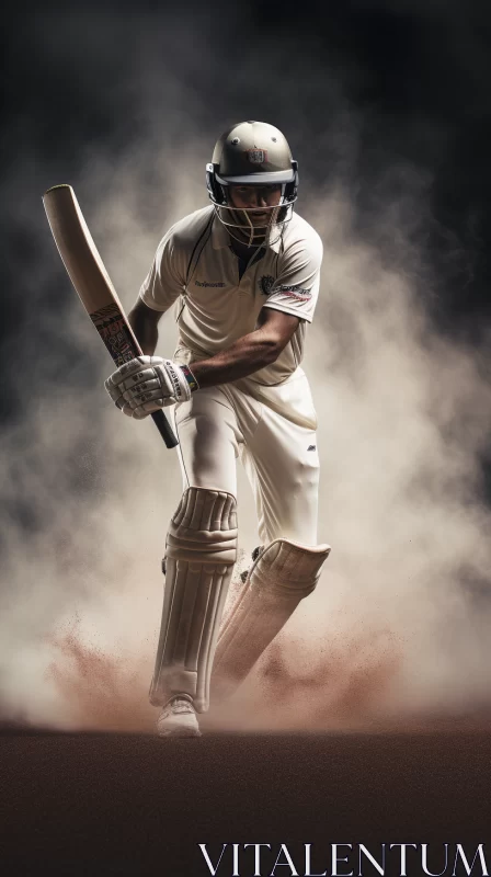 Dynamic Cricket Player in Action on Smoky Field AI Image