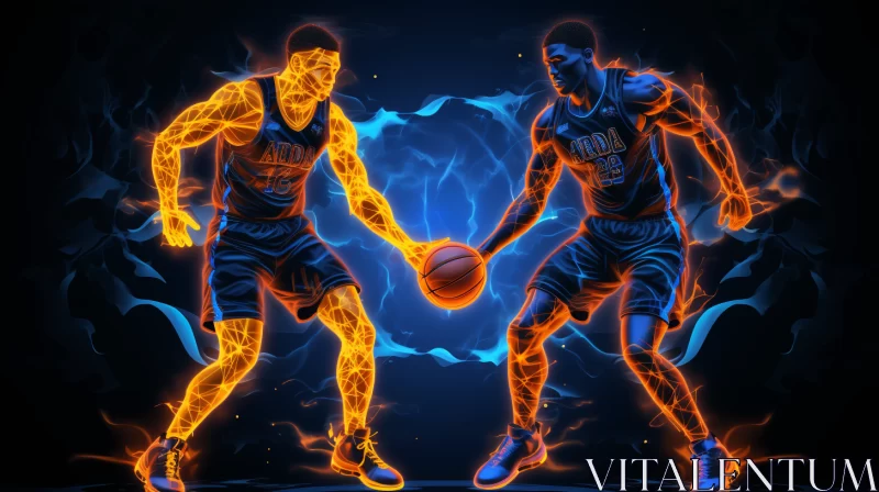 AI ART Neon Realism Digital Art of Basketball Players in Mid-Competition