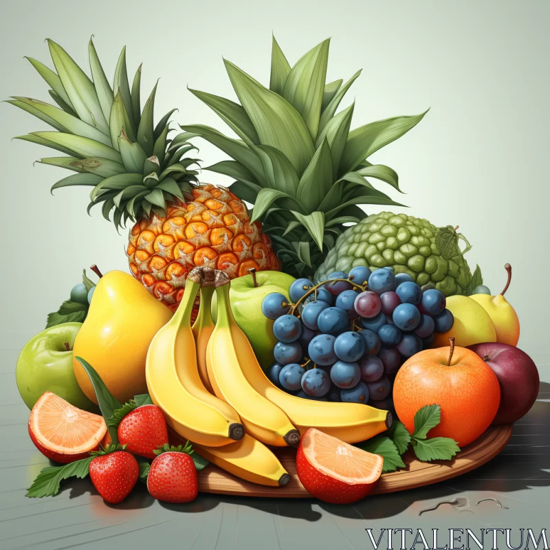 Colorful Cartoon Realism Fruit Illustration on Wooden Surface AI Image