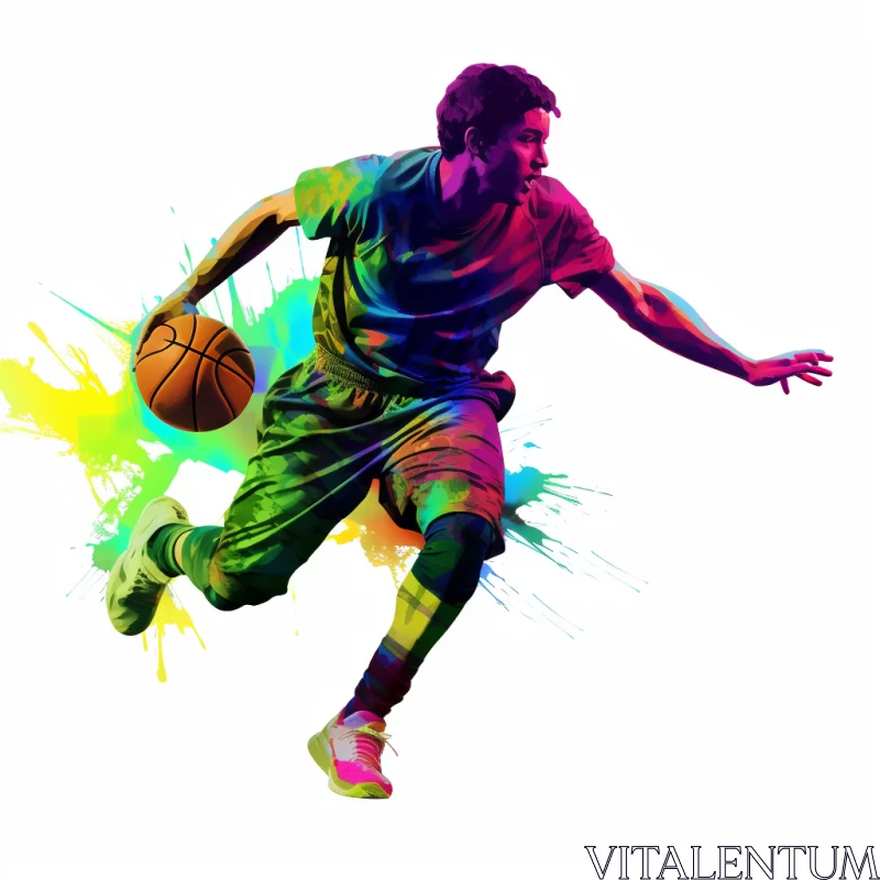 Dynamic Basketball Player in Action with Vibrant Watercolors AI Image