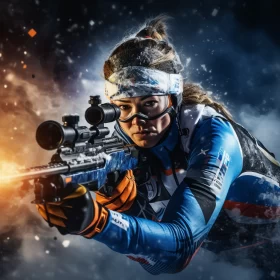 Athletic Woman in Snow with Rifle, Dramatic Shadows & Light AI Image
