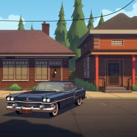 Classic Car in Cartoon-like Neighborhood - An American Tonalist Art - AI Art images AI Image
