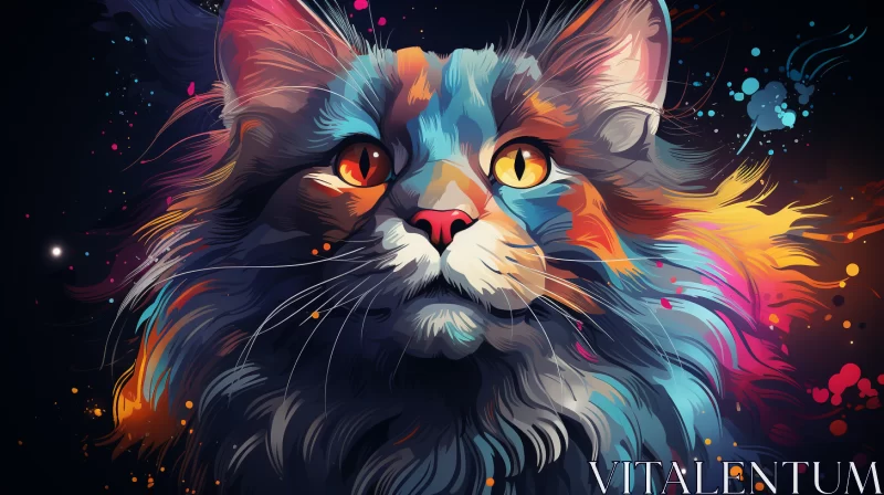 Colorful Digital Illustration of a Cat with Detailed Eyes on Smoky Background AI Image