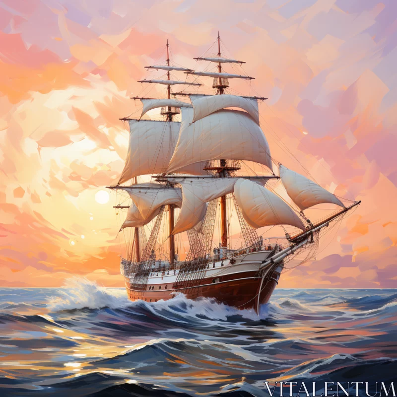 Majestic Sailing Ship on Tranquil Ocean at Sunset AI Image