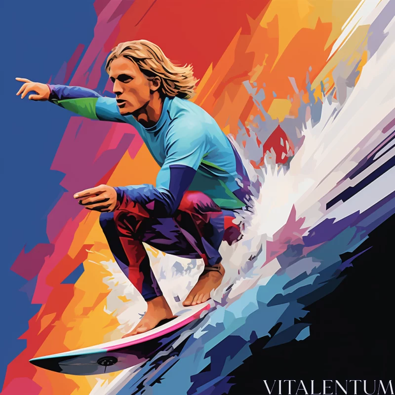 Dynamic Vibrant Depiction of Surfer with Dramatic Color Palette, Fauvist Explosions, Layered Images, AI Image