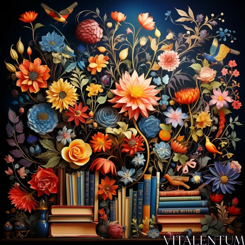 Floral Books and Illusionary Gardens: An Architectural Art Piece AI Image