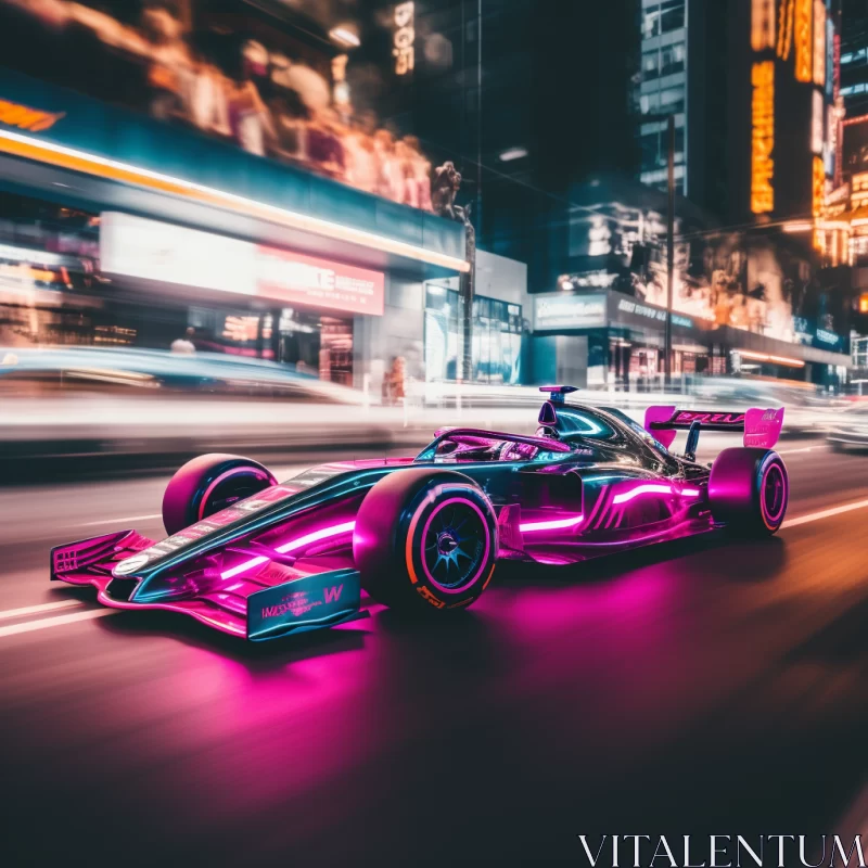 Futuristic Neon-Lit F1 Car in Vibrant Cityscape at Night  - AI Generated Images AI Image