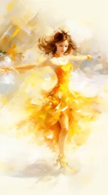 Graceful Dancer in Radiant Yellow Dress - Dynamic Brushwork Art AI Image