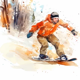 HD Watercolor Painting of Snowboarder in Vibrant Autumn Setting AI Image