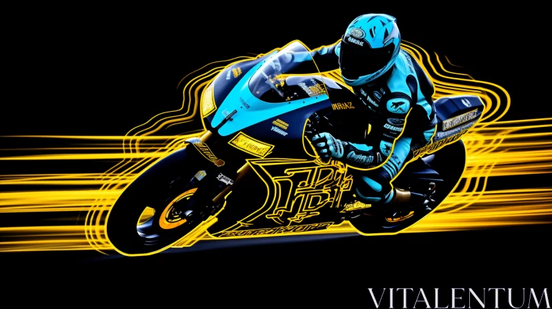 High-Energy Digital Art of Racer on Blue Harley Davidson in Neo-Pop Style AI Image