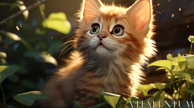 Orange Cartoon Kitten in Lush Scenery with Soft Red and Amber Light AI Image