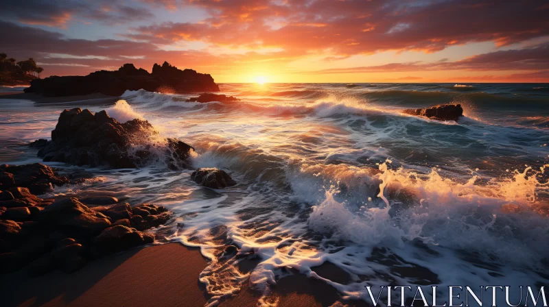 Romantic Sunset Scene with Crashing Waves on Ocean Beach AI Image