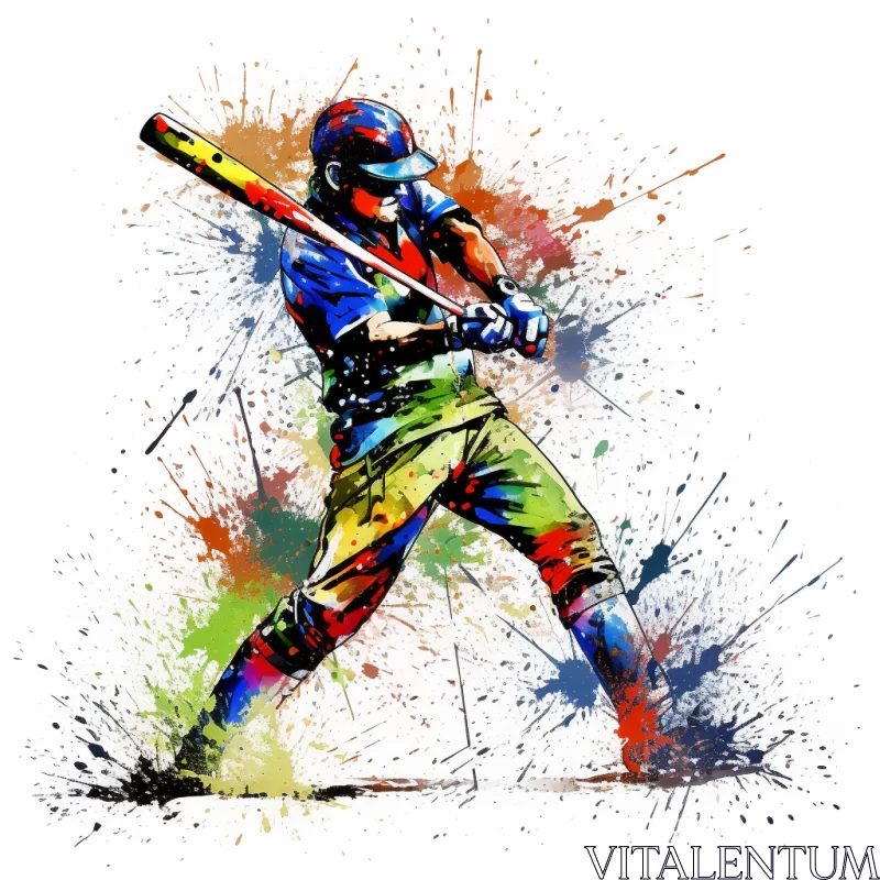 Abstract Baseball Player Swinging Orange Bat amidst Colorful Chaos AI Image