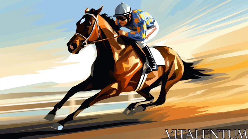 Amber-Navy Digital Painting of Vibrant Horse Race Scene AI Image