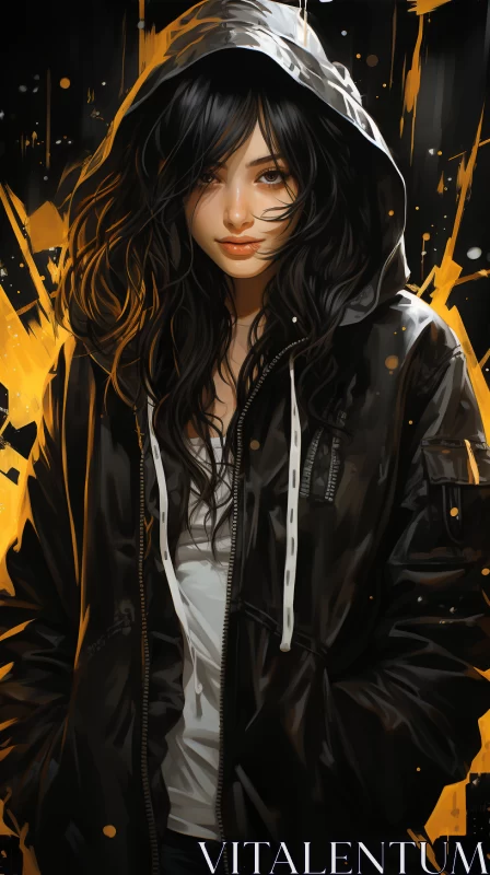 Digital Painting: Girl in Yellow Jacket and Black Hoodies AI Image