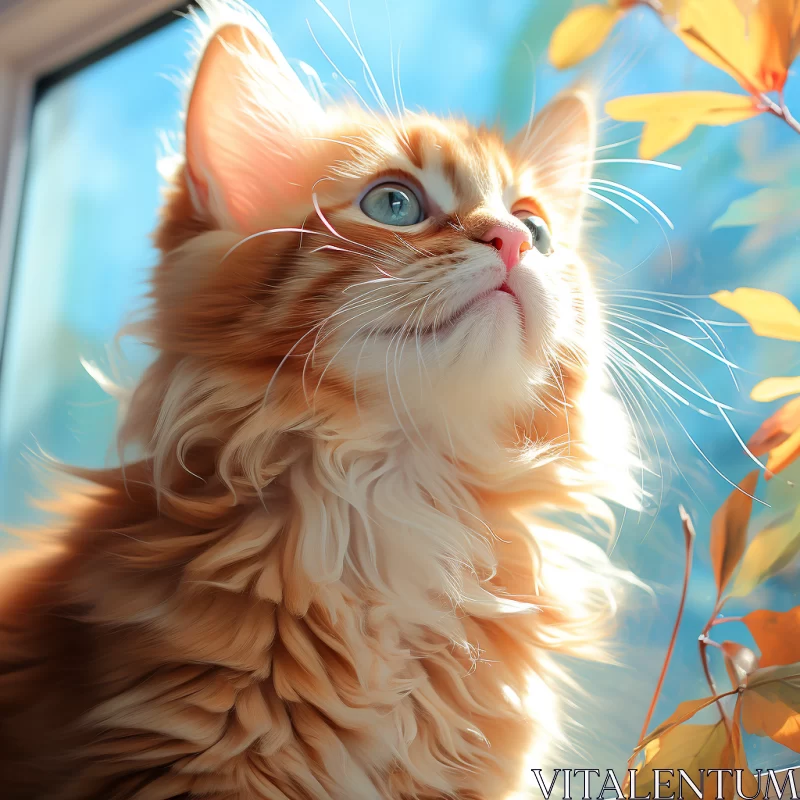 Luminous Red Tabby Cat Amidst Warm Amber Glow and Cool Foliage Backdrop AI Image