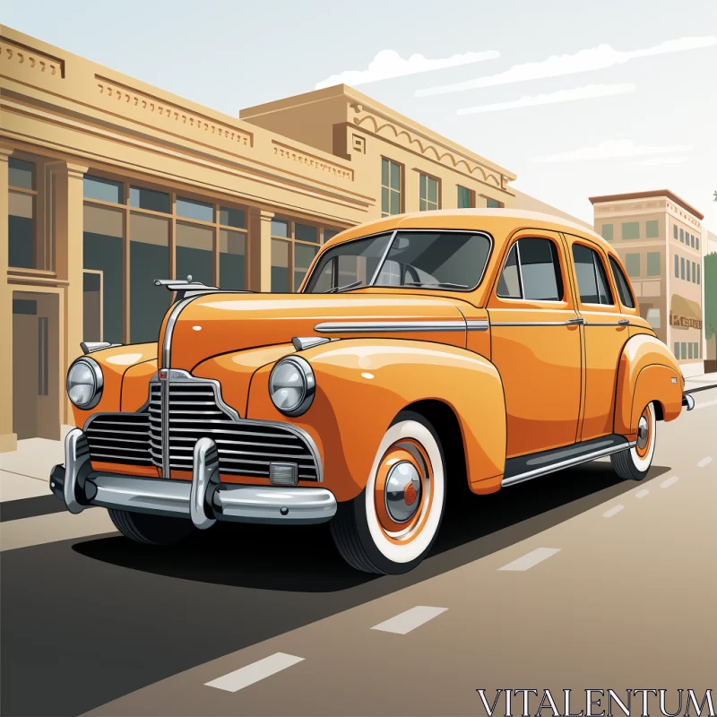 Vintage Orange Automobile in City - Precisionist Illustration Style - AI Art images AI Image