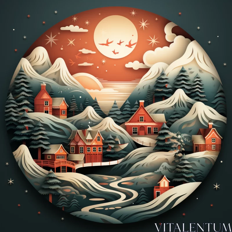 Winter Village Mountain Illustration - Christmas Eve in Surreal Style AI Image