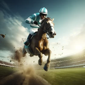 8K Detailed Jockey Image, Horse Mid-Jump, Stadium Setting AI Image