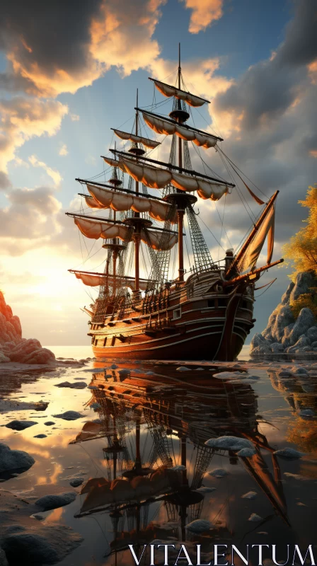 Historical Pirate Ship on Rocky Coastline in Warm Glow AI Image