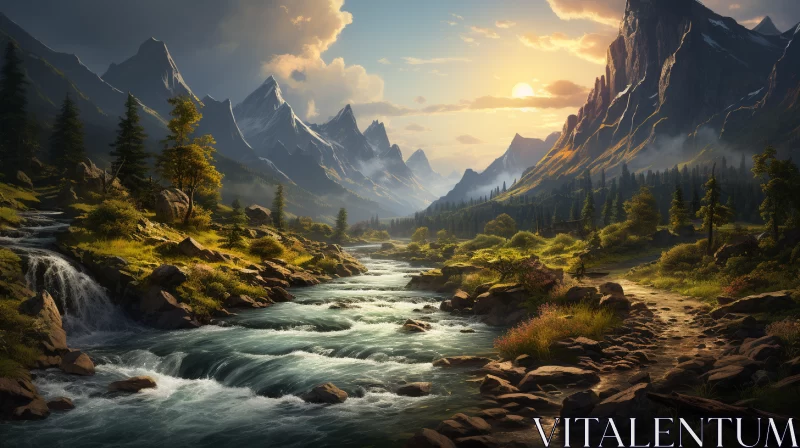 Majestic Mountains and Serene River under Golden Sunset AI Image