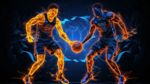 Neon Realism Digital Art of Basketball Players in Mid-Competition AI Image