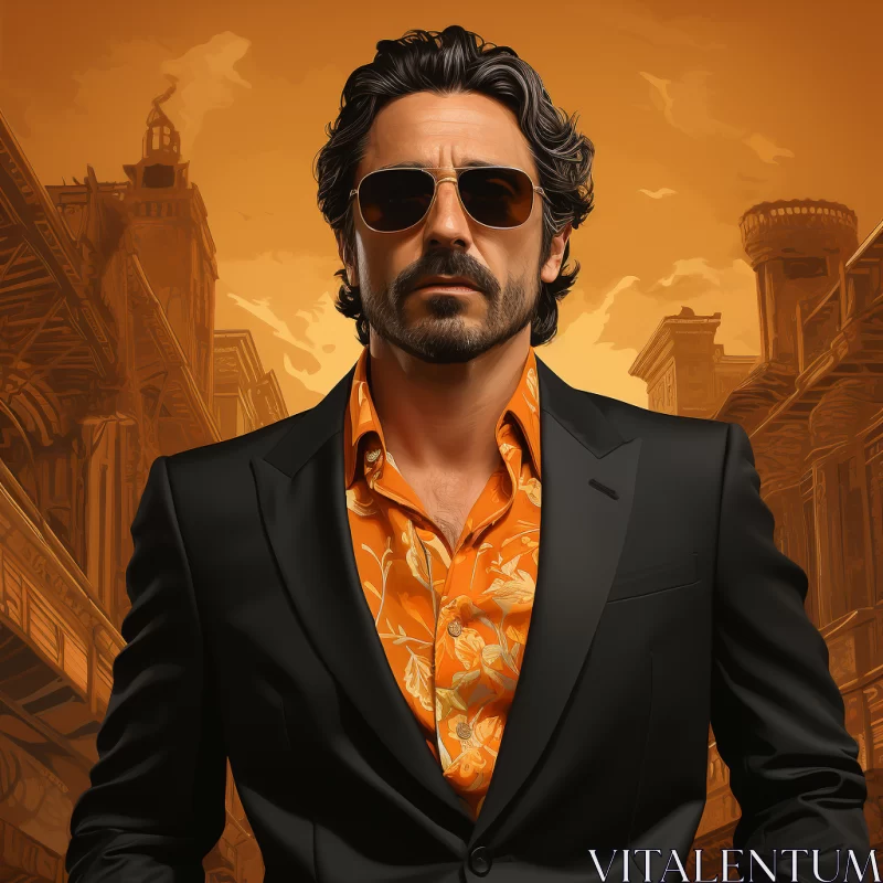 Striking Man in Exquisite Orange Suit: Gothic-inspired Illustration with Enigmatic Allure in Vibrant AI Image
