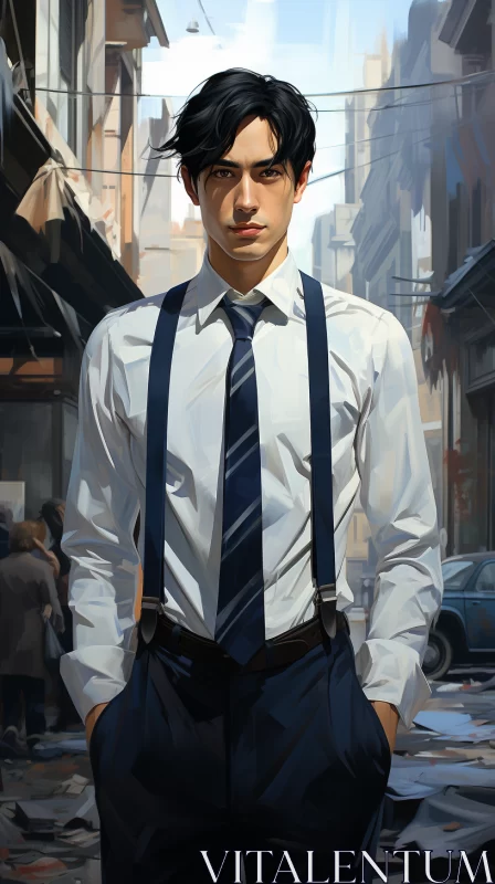 Futuristic Street Portrait Painting of a Stylish Man with Suspenders and Tie AI Image