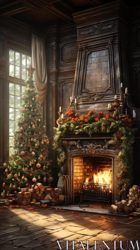 Christmas in Renaissance Style Interior with Fireplace AI Image