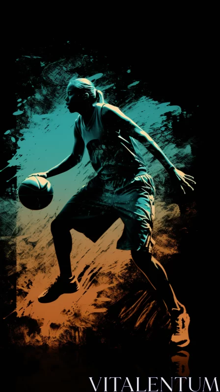 Dynamic Woman Basketball Player Illustration with Textured Paint Effects AI Image