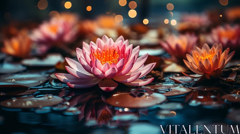Ethereal Pink Water Lilies under a Starry Night Sky AI Image