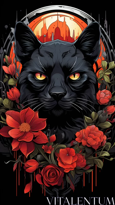 Gothic Black Cat in a Red Flower Sea Artwork AI Image