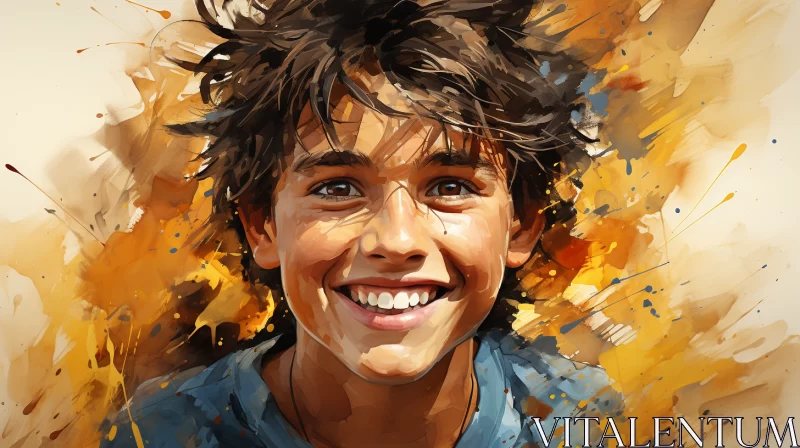 Smiling Boy in Digital Painting - A Blend of Realism and Cartoonish Style AI Image